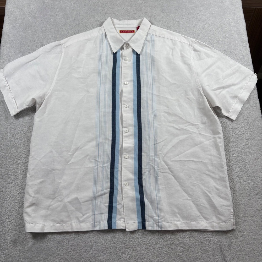 Havanera Co Mens XXL White Linen Blend Striped Camp Shirt‎ Short Sleeve Casual